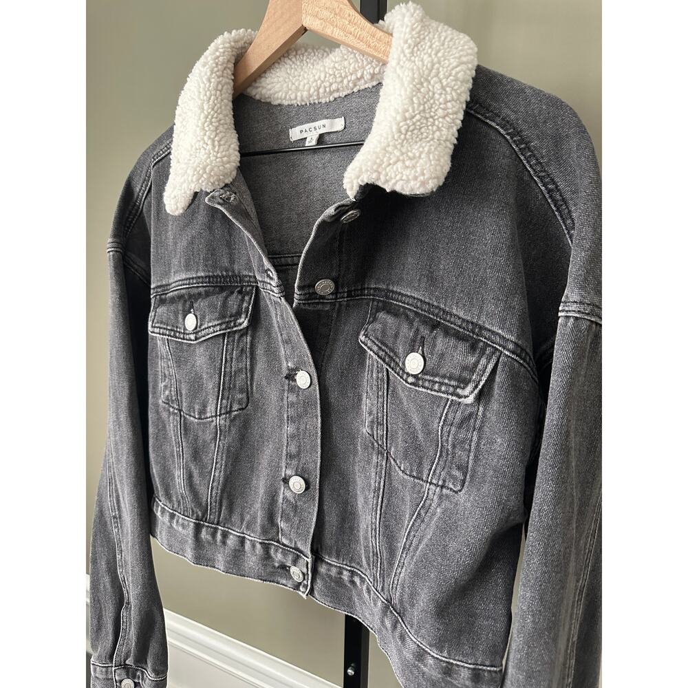 PacSun Sherpa Collar Cropped Black Denim Trucker Jacket Large - Picture 3 of 6